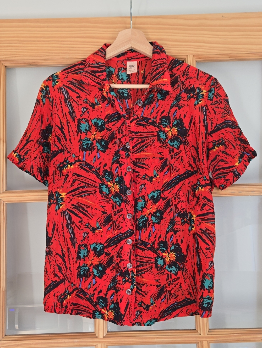 Smash + Tess Silk And Cotton Red Tropical Floral Short-Sleeve Button-Up Shirt xs